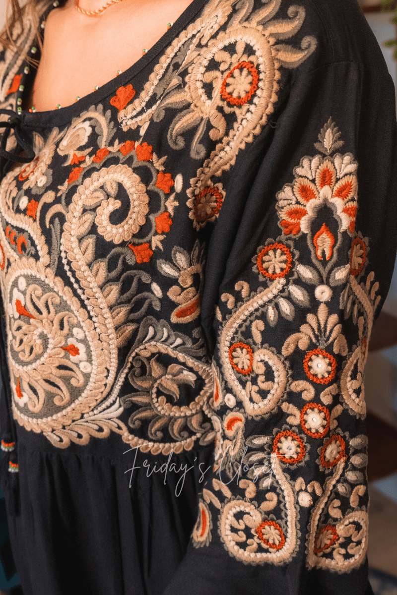 Women Cotton Embroidered Festive Black Top - Friday's Closet