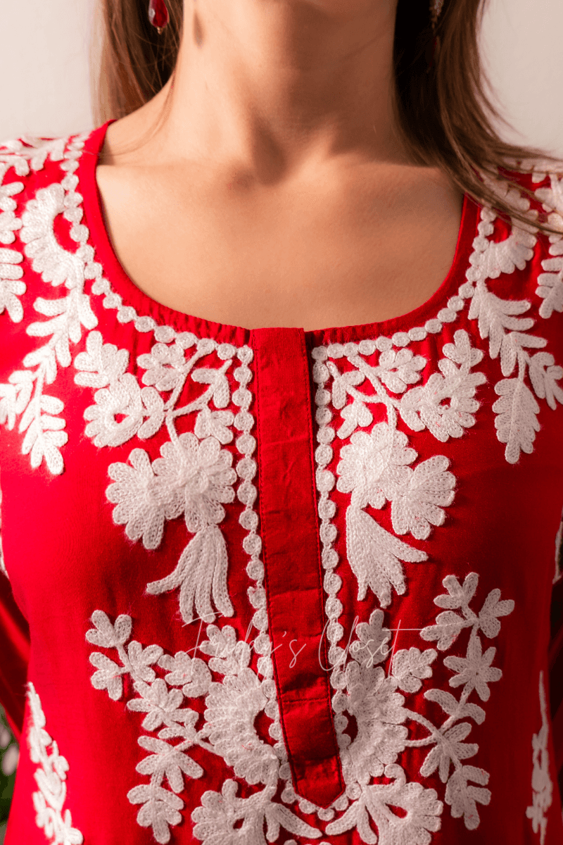 Sadia Red & White Embroidered Kurta Set - Friday's Closet