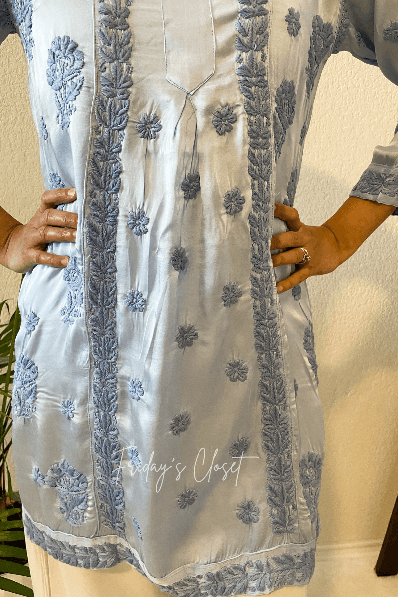 Silk Blue Flower Motif Top - Friday's Closet